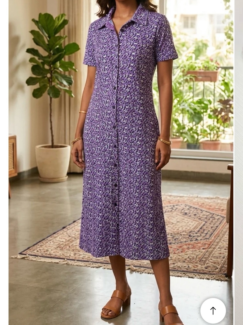 Purple Short-Sleeve Button-Front Midi Dress